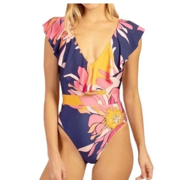 Trina Turk Breeze Ruffle One Piece Blue Multicolor Swimsuit, Size 14 - Picture 1 of 7